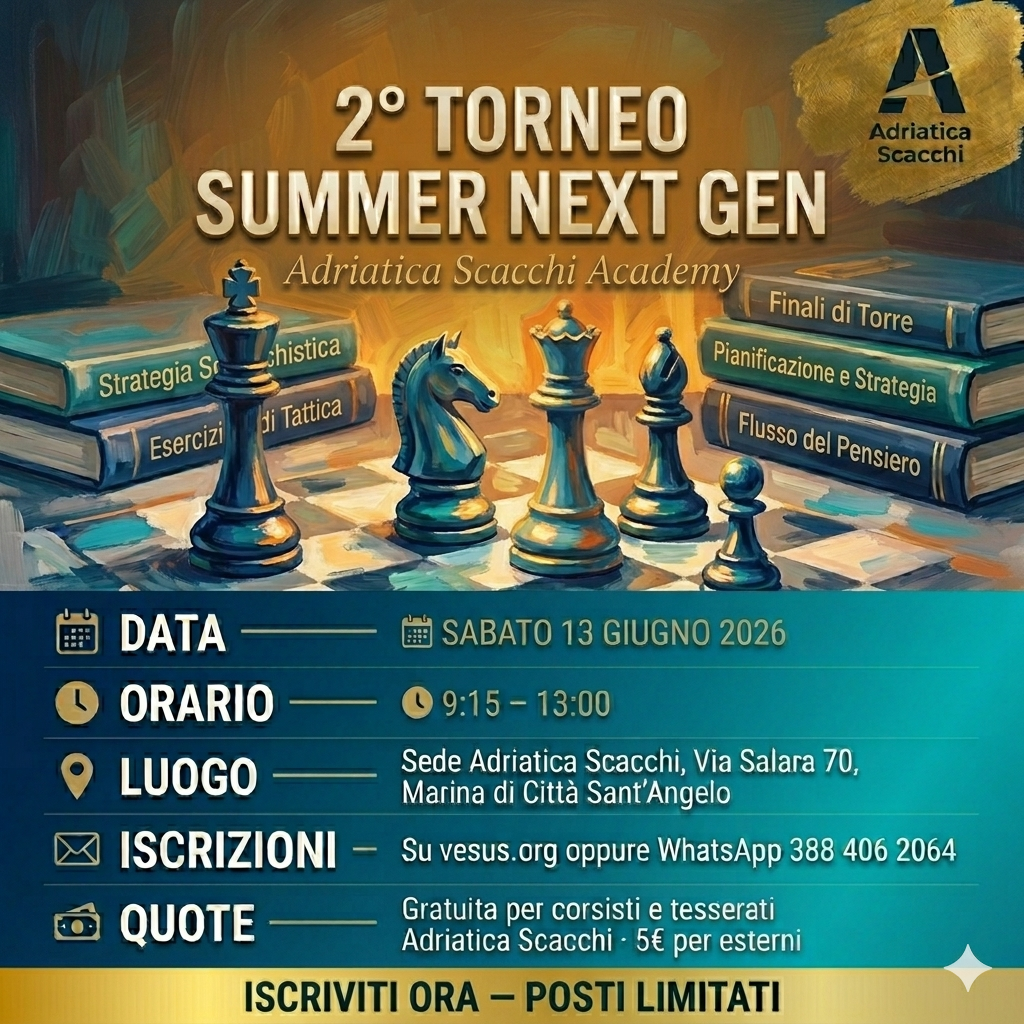 Locandina 2° Torneo Summer Next Gen, Adriatica Scacchi Academy, sabato 13 giugno 2026