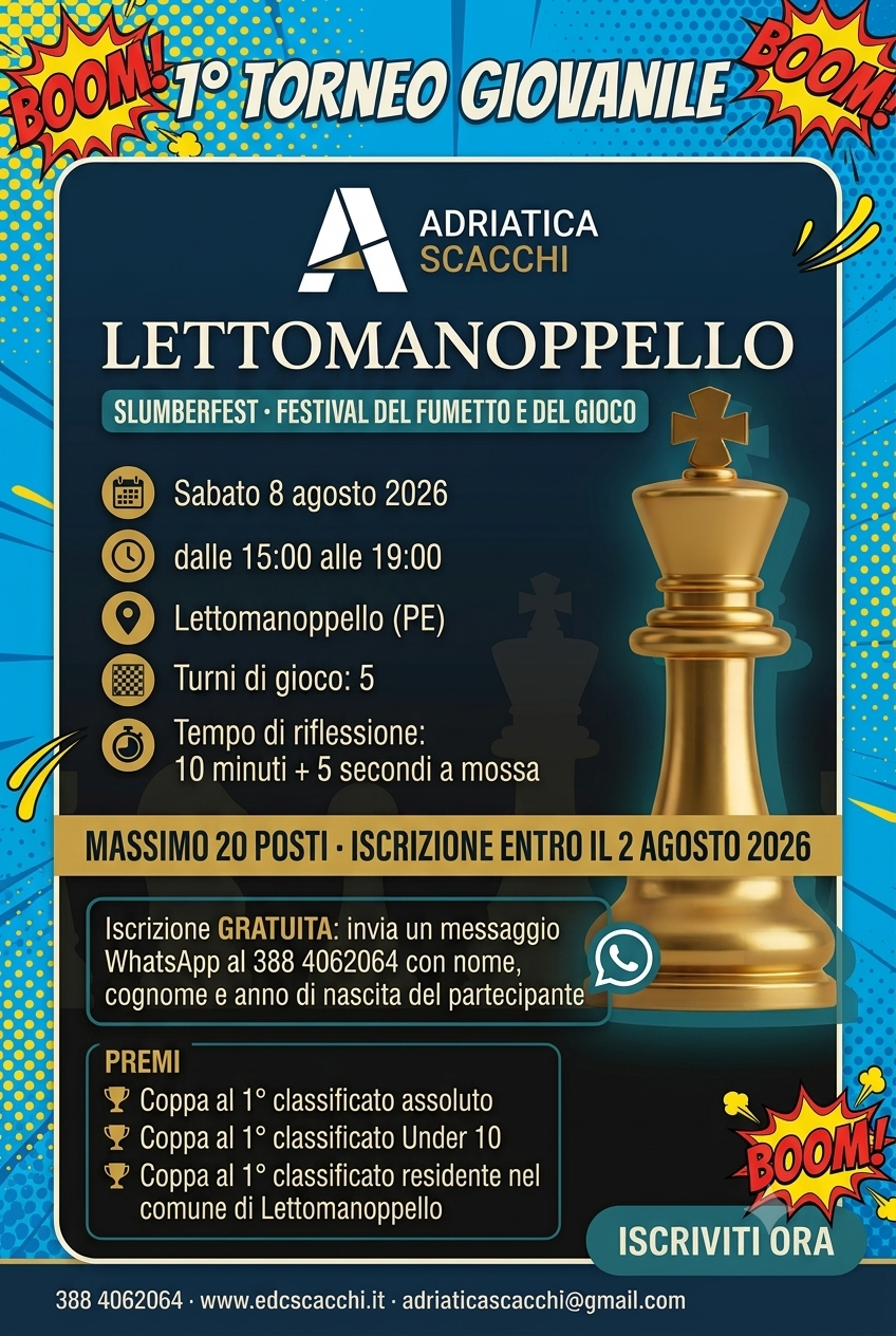 Locandina 1° Torneo Giovanile di scacchi a Lettomanoppello, Slumberfest, 8 agosto 2026