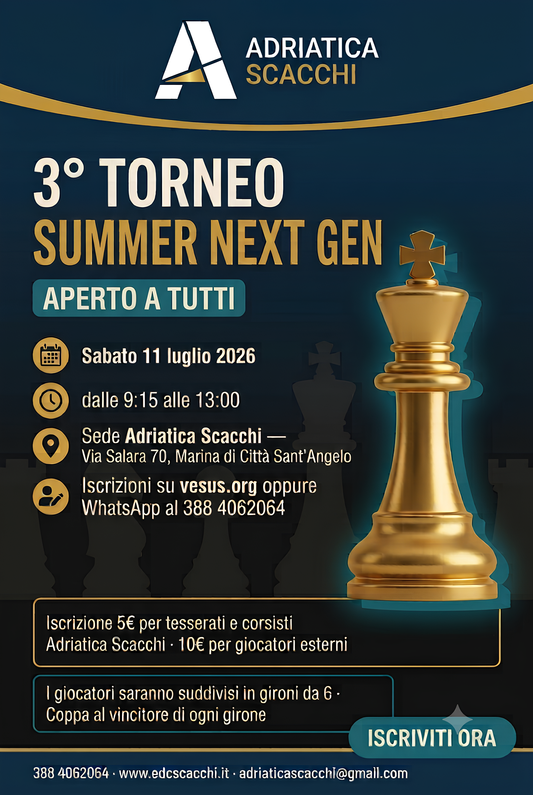 Locandina 3° Torneo Summer Next Gen, Adriatica Scacchi, sabato 11 luglio 2026
